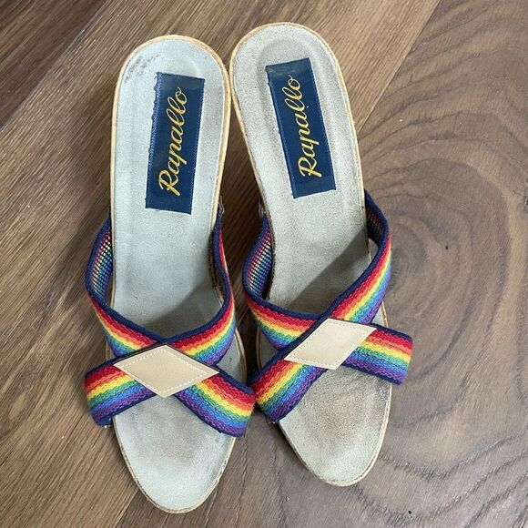Vintage 70s 80s Rapallo Rainbow Wedge Mules Heels 7 38 - Picture 4 of 13